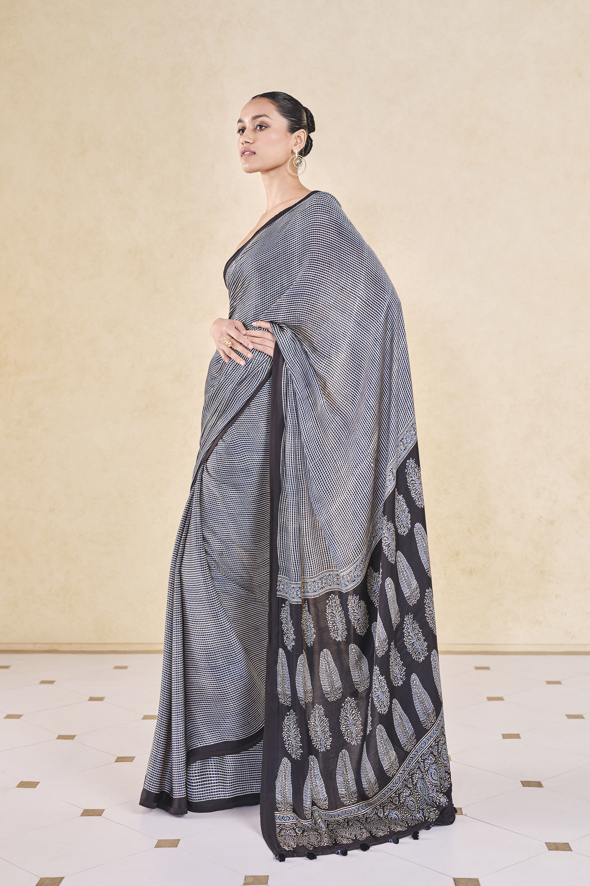 Korat Handcrafted Ajrakh Saree&nbsp;- Black, Black, image 3